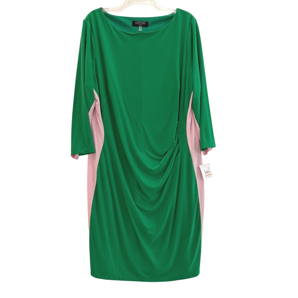 NWT Kasper‎ Dress Womens 2X Apple Green Salmon Pink Colorblock Ruched Sheath